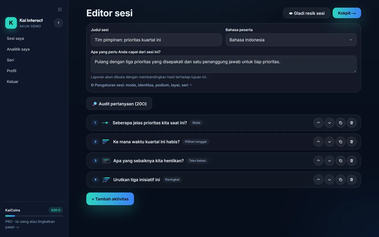 Editor sesi Kai Interact dengan empat aktivitas: skala, pilihan tunggal, teks bebas, dan peringkat.